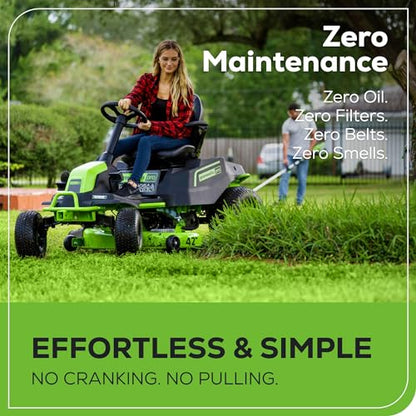 Greenworks 60V 42” Cordless Electric CrossoverT Riding Mower, (4) 8.0Ah Batteries and (2) Dual Port Turbo Chargers